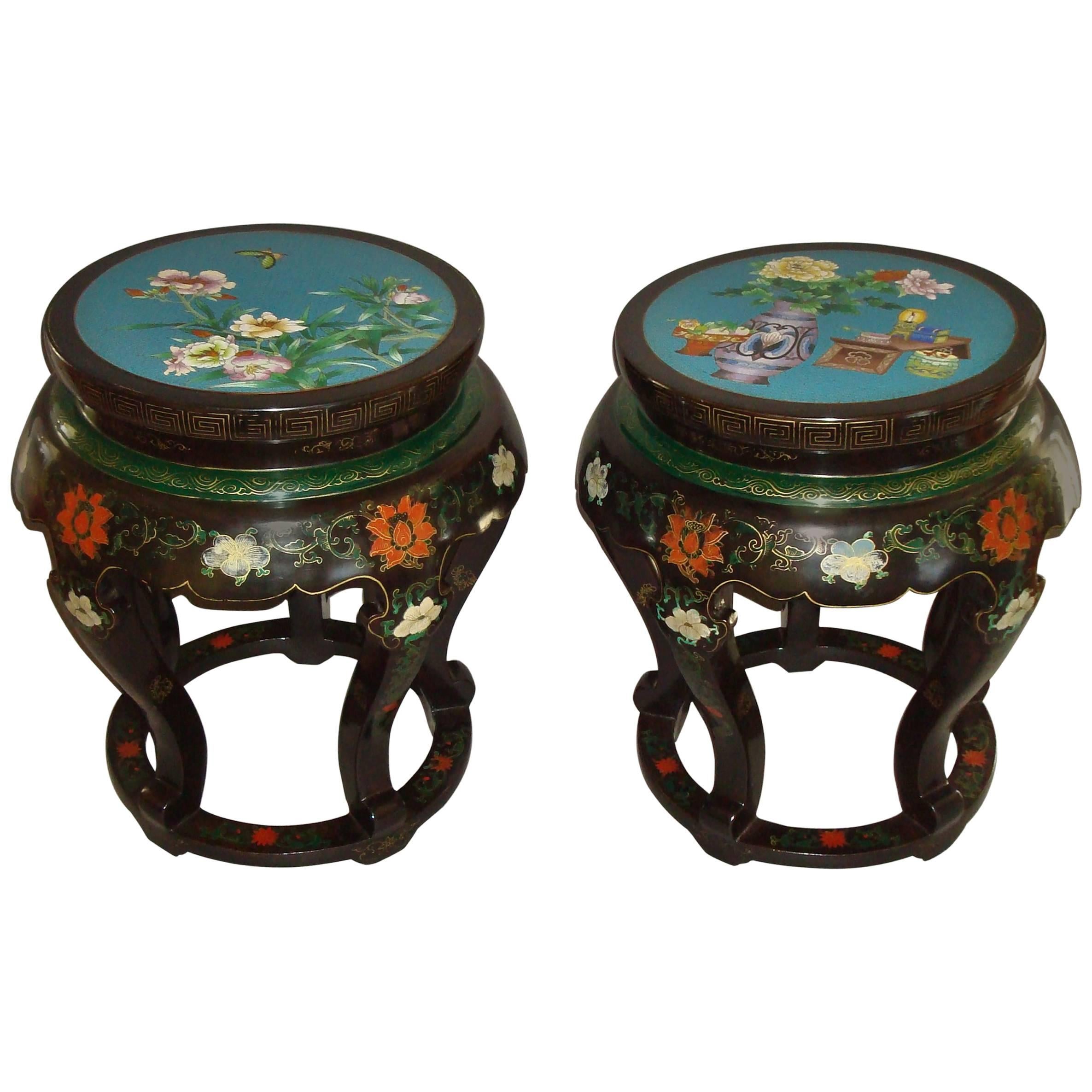 Pair of Chinese Lacquered and Cloisonné Low Tables For Sale