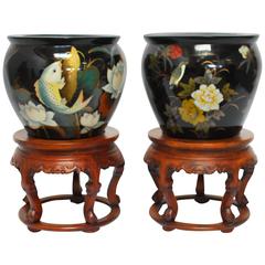 Vintage Chinese Polychrome Jardinières on Rosewood Stands