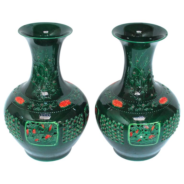 Pair of Large Chinese Jade Green Pierced Baluster Vases at 1stDibs