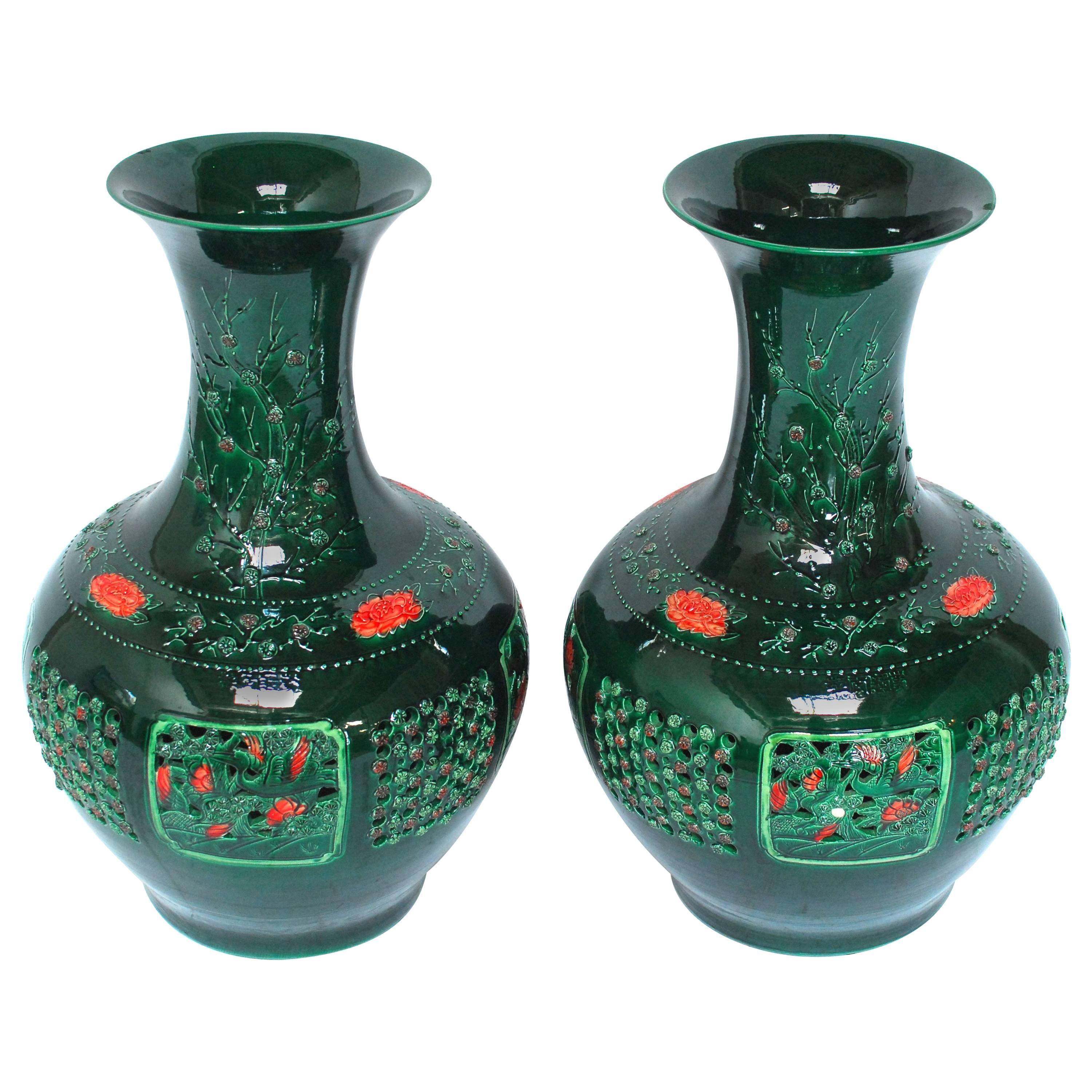 Pair of Large Chinese Jade Green Pierced Baluster Vases