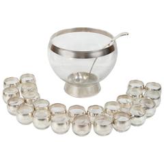 Dorothy Thorpe Silver Rimmed Punch Bowl and 24 Roly Poly Glasses with Ladle