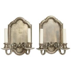 1920s Pair of Two-Light Silver Plated Bronze English Georgian Style Sconces 