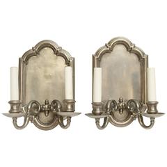 1920s Pair of Two-Light Silver Plated Bronze English Georgian Style Sconces