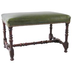 French Walnut Leather Upholstered Bench with Nailhead Trim