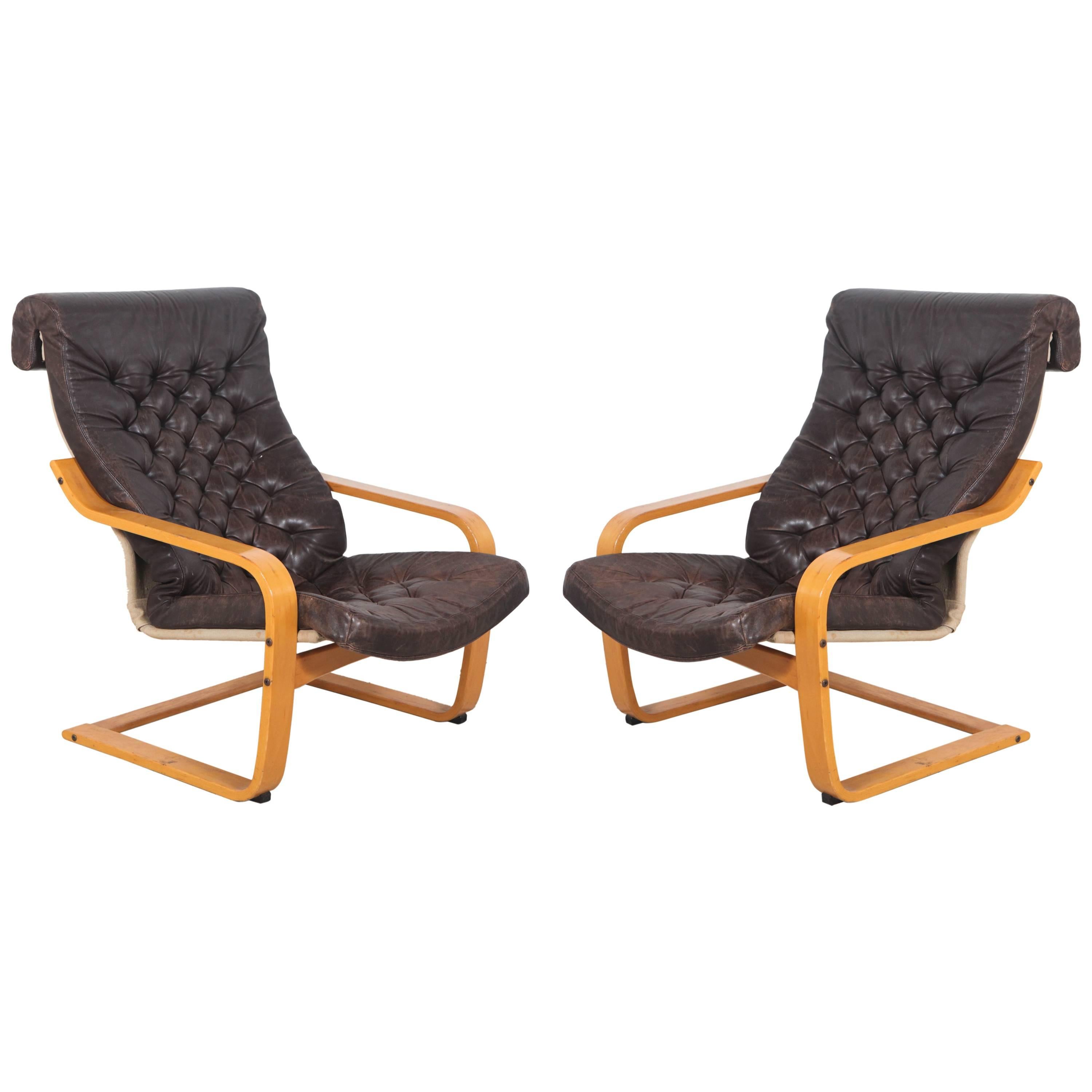 Pair of Original POEM Chairs in Tufted Black Leather by Noboru Nakamura for IKEA