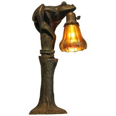 Art Nouveau Figural Bronze Frog Lamp with Steuben Shade