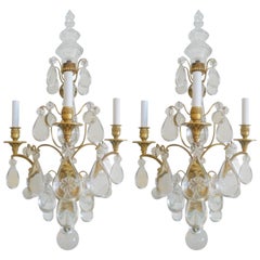 Large Pair of Three-Arm Gilt Bronze and Crystal Sconces