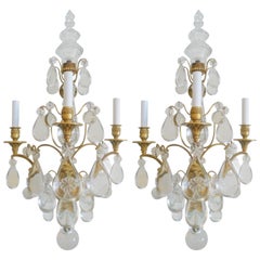 Large Pair of Three-Arm Gilt Bronze and Crystal Sconces