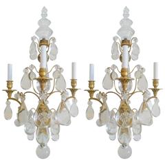 Large Pair of Three-Arm Gilt Bronze and Crystal Sconces 12