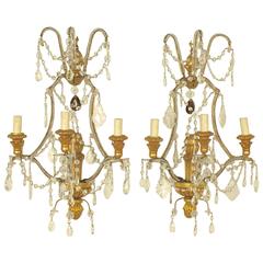 Pair of 19th Century Giltwood and Crystal-Cut Wall Lights
