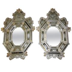 Pair of Venetian Etched Clear Gold Octagonal Wall Mirrors