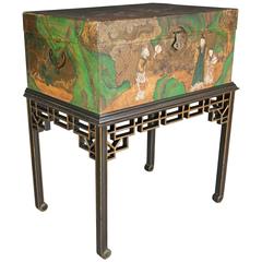 Antique Chinese Export Painted Leather Trunk on Ebonized and Gilt Stand