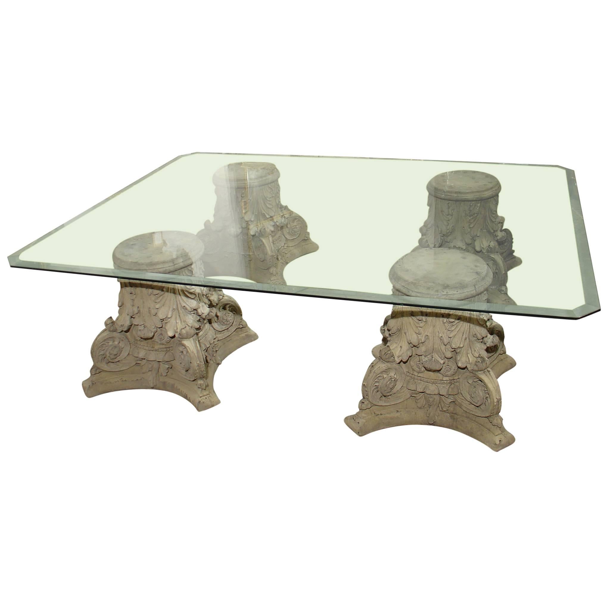 Beveled Glass Top Coffee Table on Cast Stone Corinthian Capital Bases