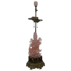 Chinese Carved Rose Quartz Figural Lamp