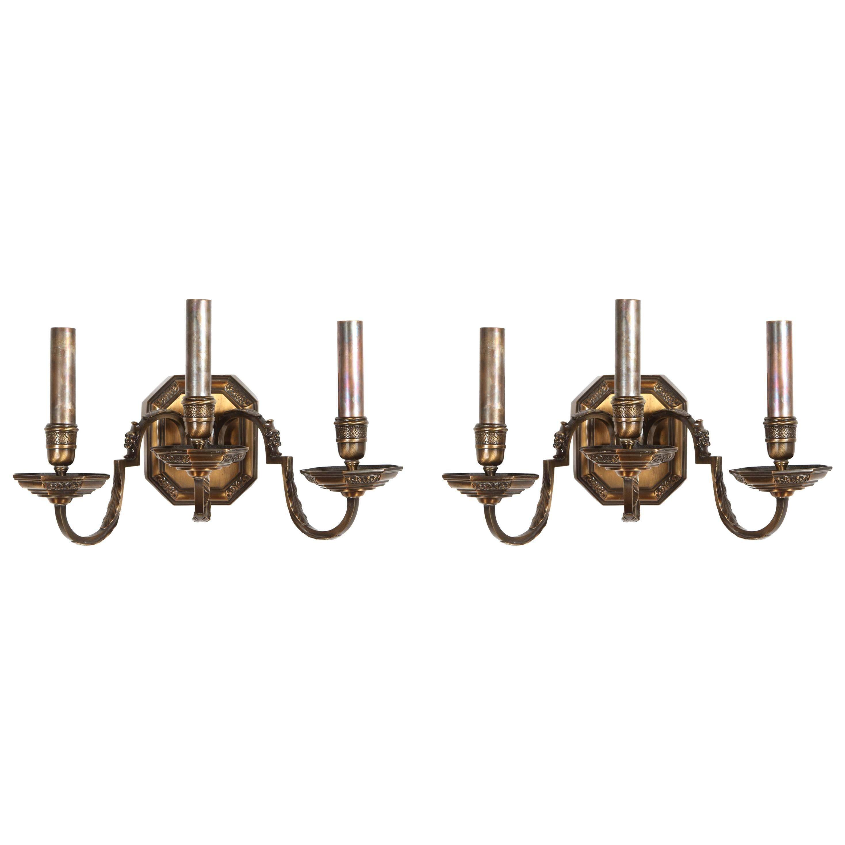 Pair of American Bronze Double Sconces For Sale
