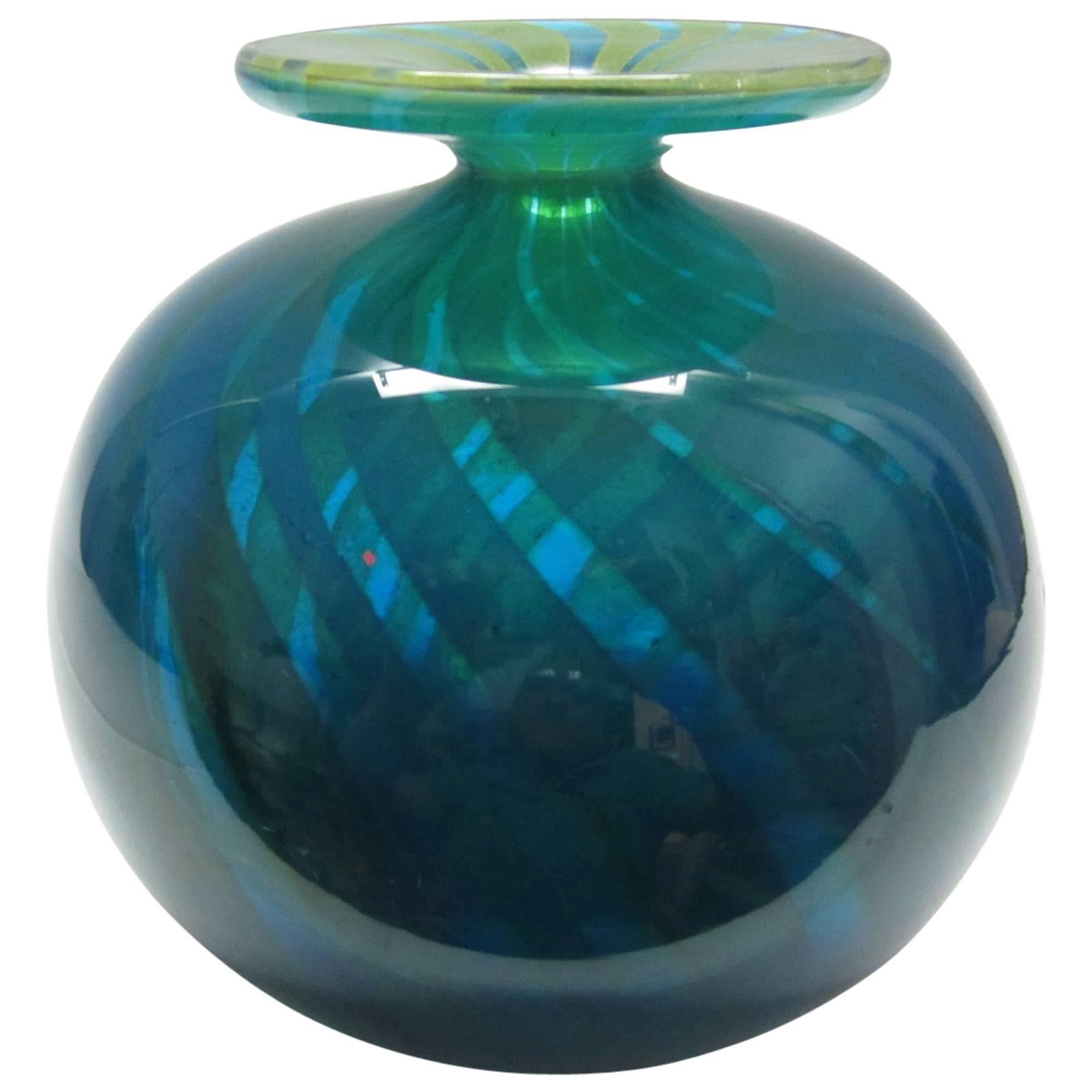 Italian Blown Art Glass Vase in Blue and Green Swirl, Signed
