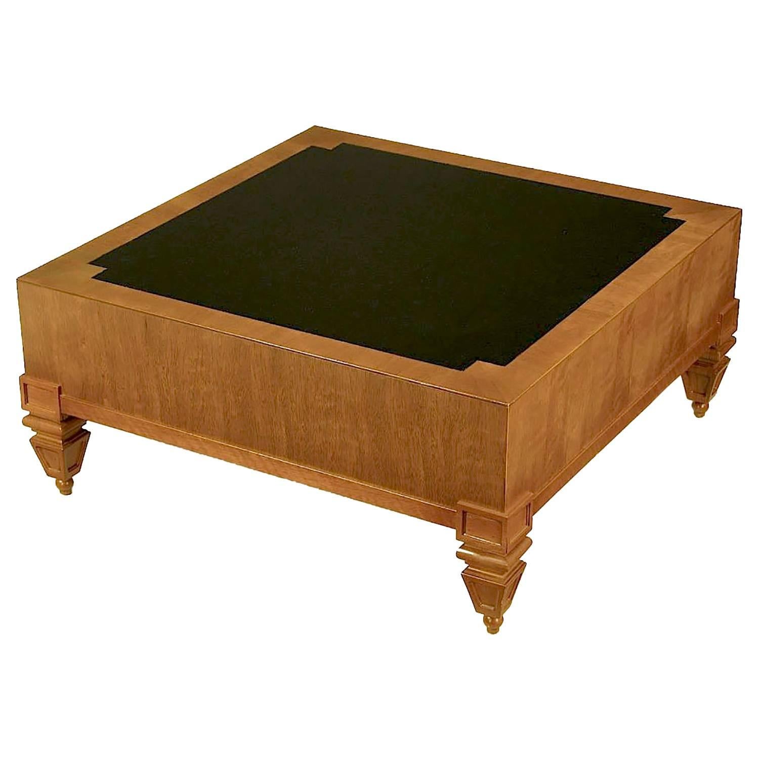 Tomlinson Empire Style Mahogany and Black Leather Square Coffee Table For Sale