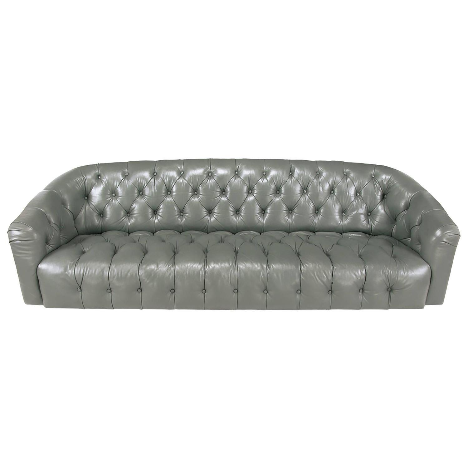 Baker Slate Grey Button Tufted Leather Sofa For Sale at 1stdibs