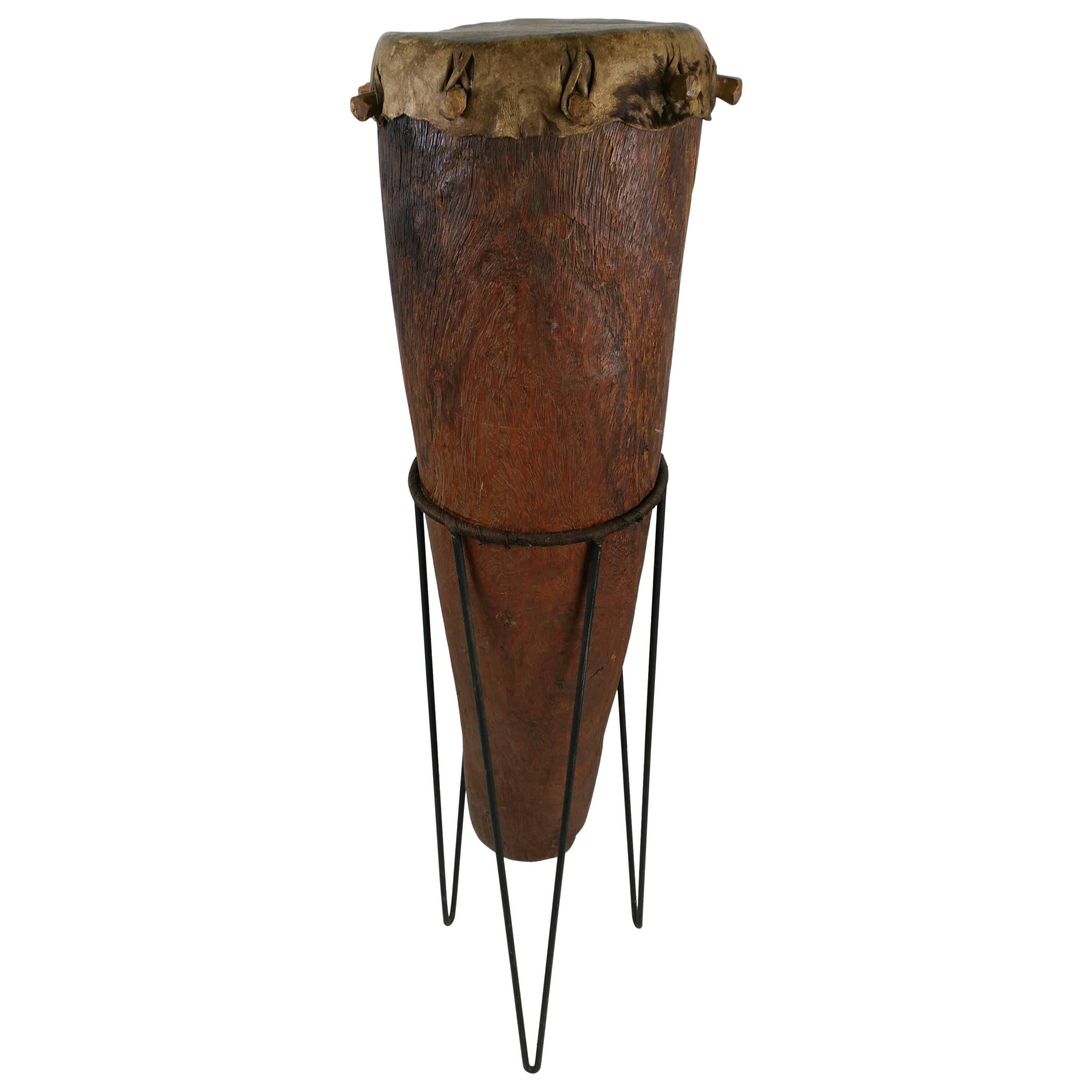 Modernist Sculptural African Drum, Wire Iron Stand For Sale
