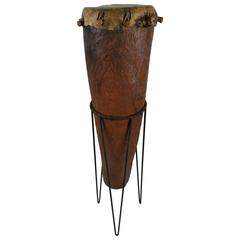 Modernist Sculptural African Drum, Wire Iron Stand
