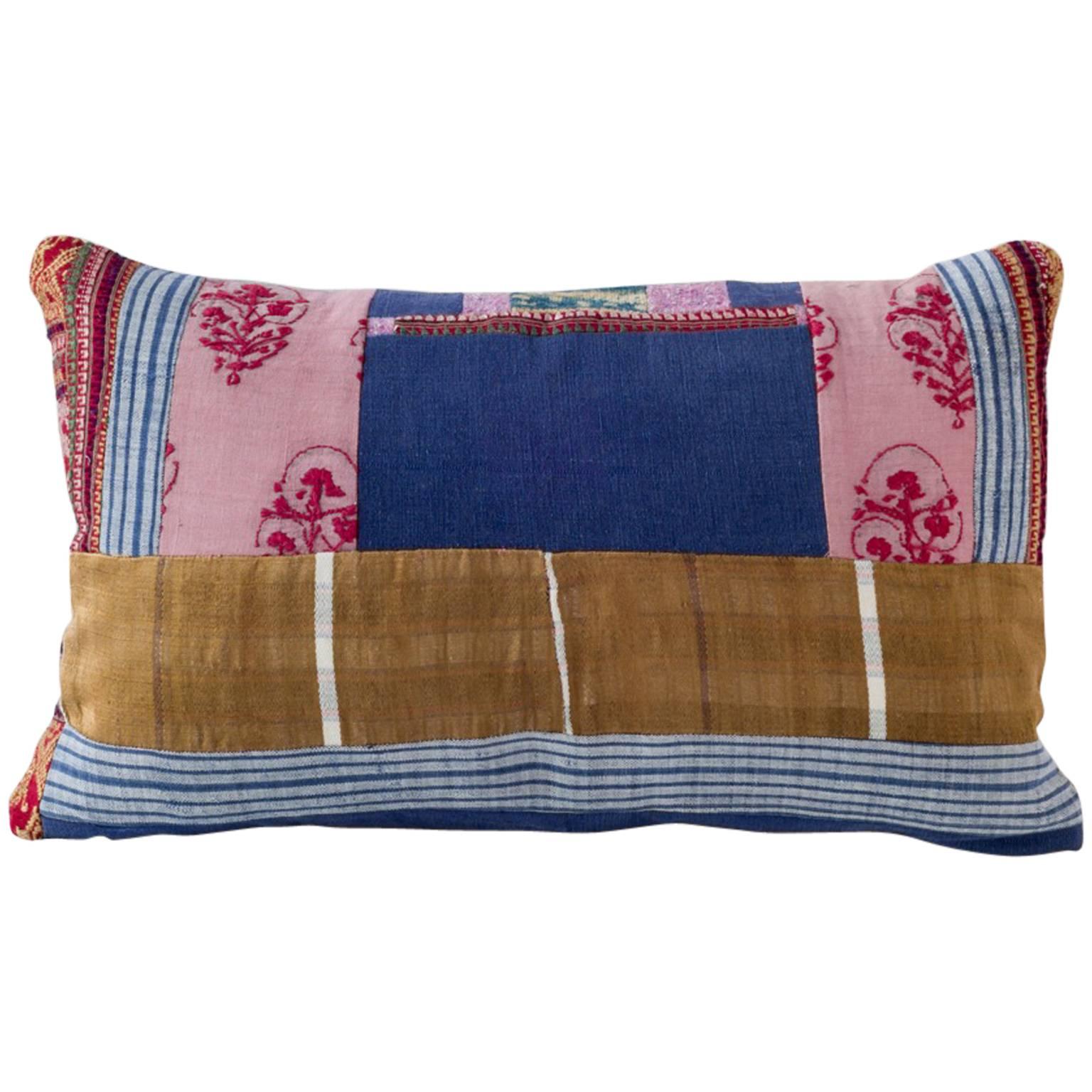 Ethnographic Textile Piecework Lumbar Pillow in Indigo, Gold, Red and Pink