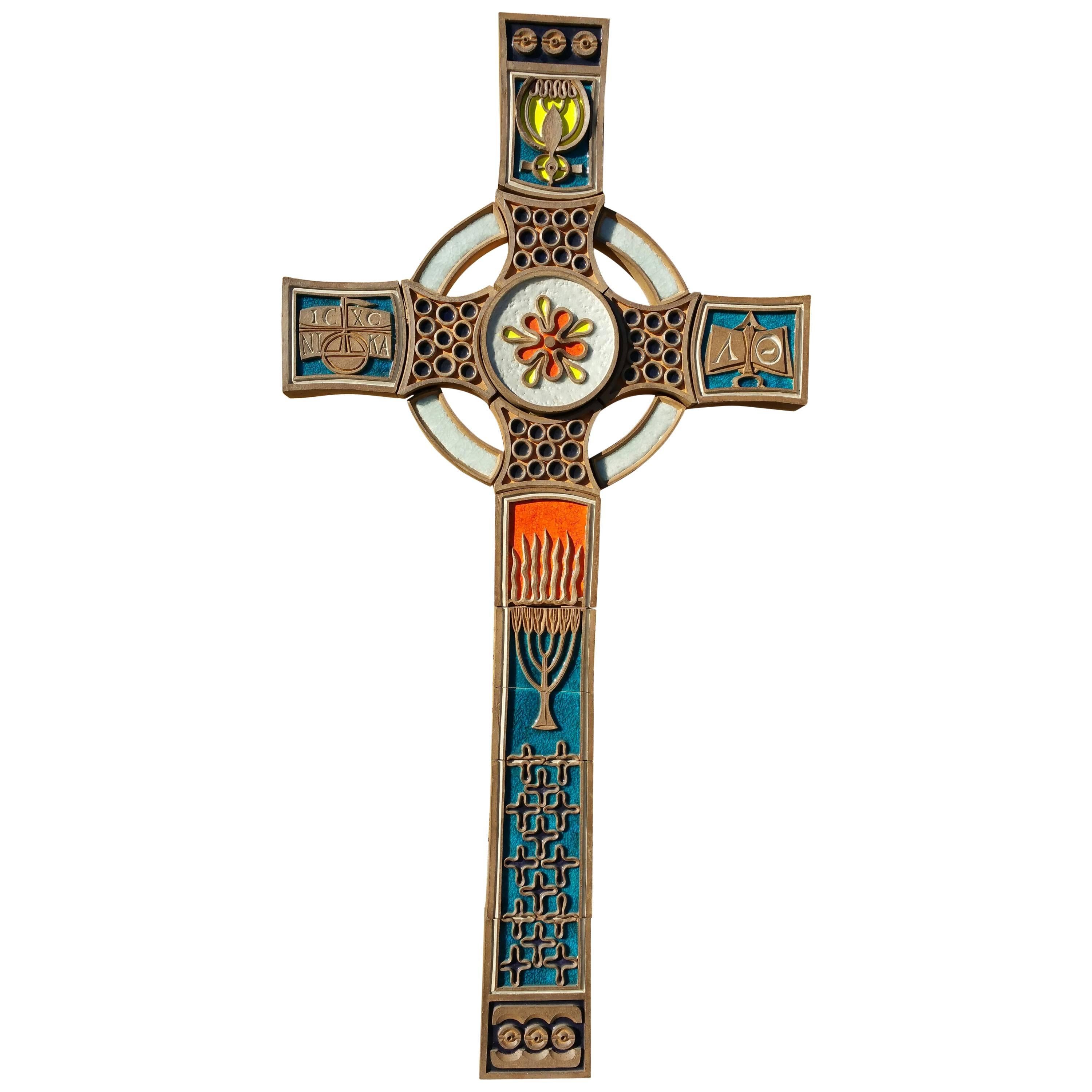 Monumental Christian Orthodox Crucifix, Pop Modernist Tile and Fused Glass