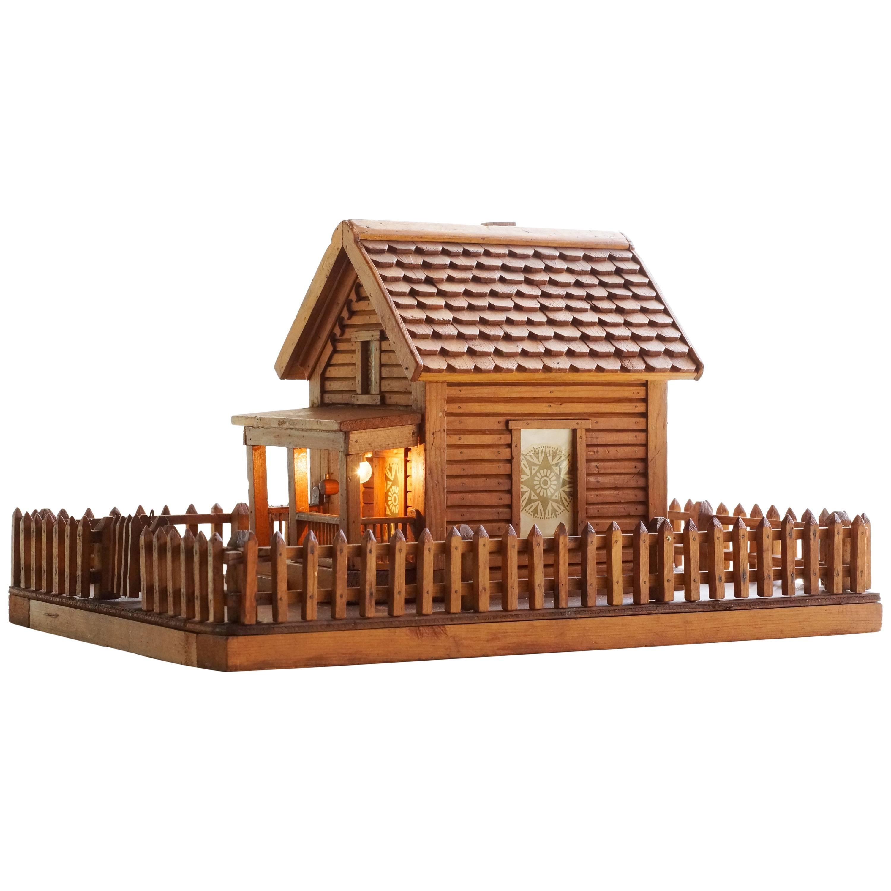 American Folk Art Log Cabin With Porch Light For Sale