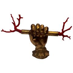 Italian Gilded Wooden Hand Clutching a Red Mediterranean Coral Lightning Staff