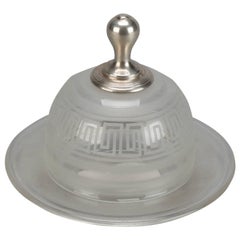 Etched Glass Domed Plate with Greek Key Border and Sterling Knob