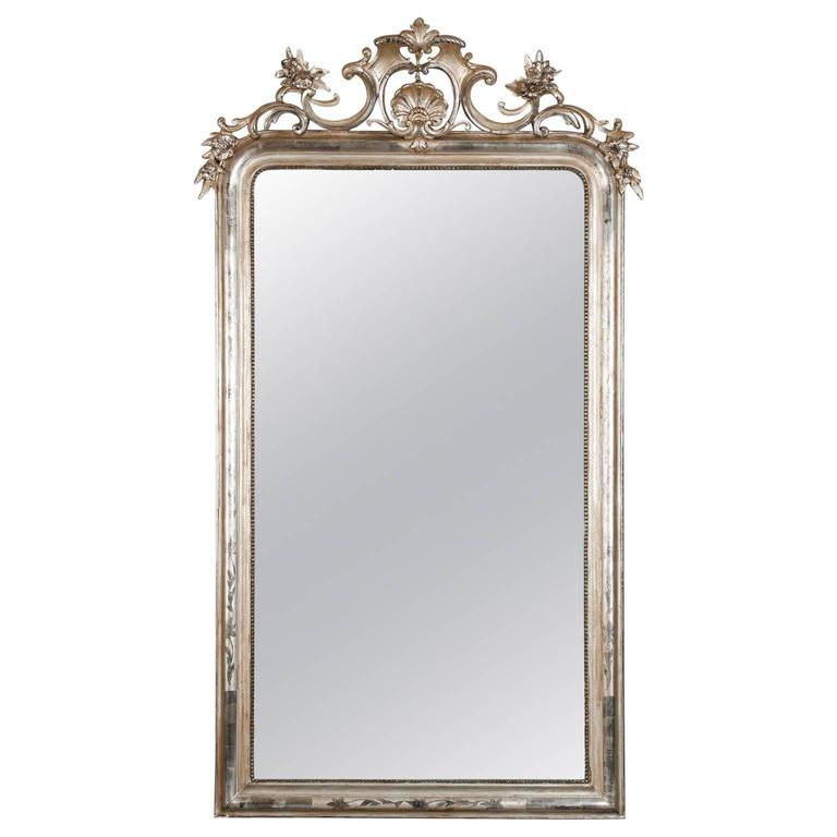 Large Silver Leaf Louis Philippe Mirror With Elaborate Crown And Large Silver Leaf Louis Philippe Mirror With Elaborate Crown And Beaded Edges For