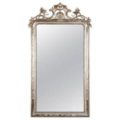 Large Silver Leaf Louis Philippe Mirror with Elaborate Crown and Beaded Edges