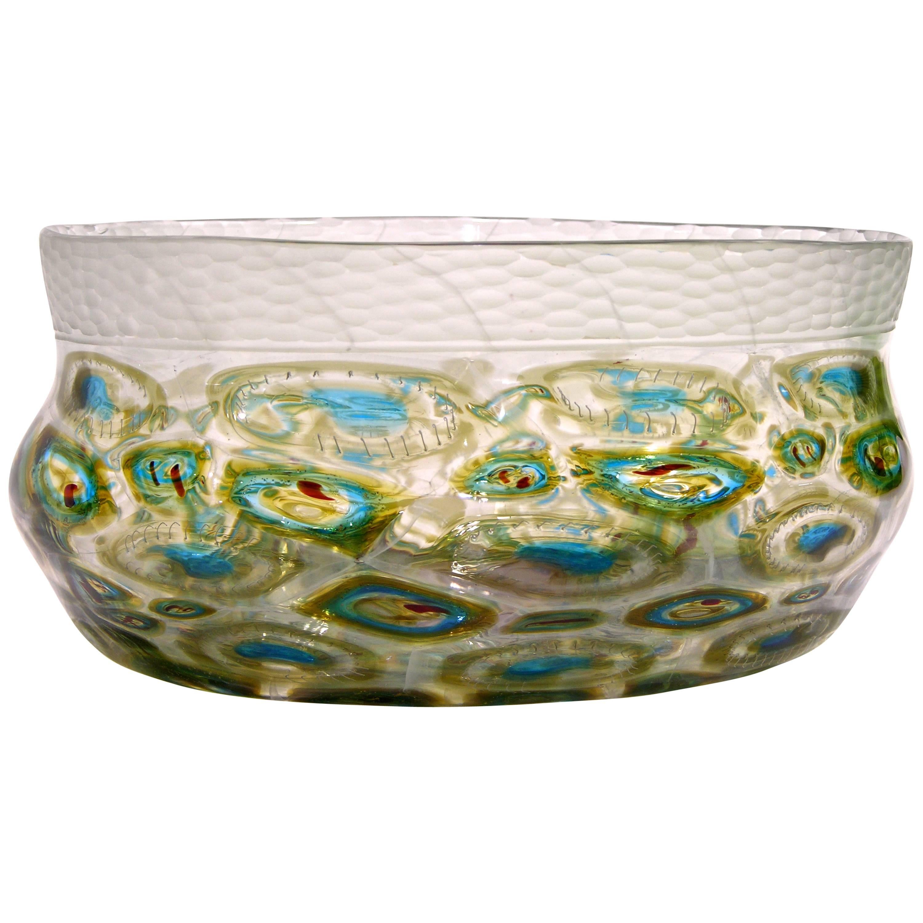 Afro Celotto Art Deco Design Glass Bowl with Peacock Murrine and Silver