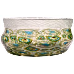 Vintage Afro Celotto Art Deco Design Glass Bowl with Peacock Murrine and Silver