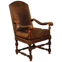 French Louis XIII Period Walnut and Leather Upholstered Fauteuil