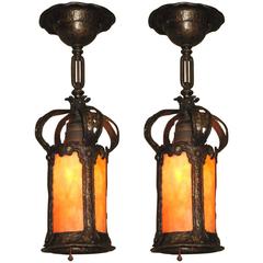 Pair of Bronze Ceiling Pendants all Original, circa 1910