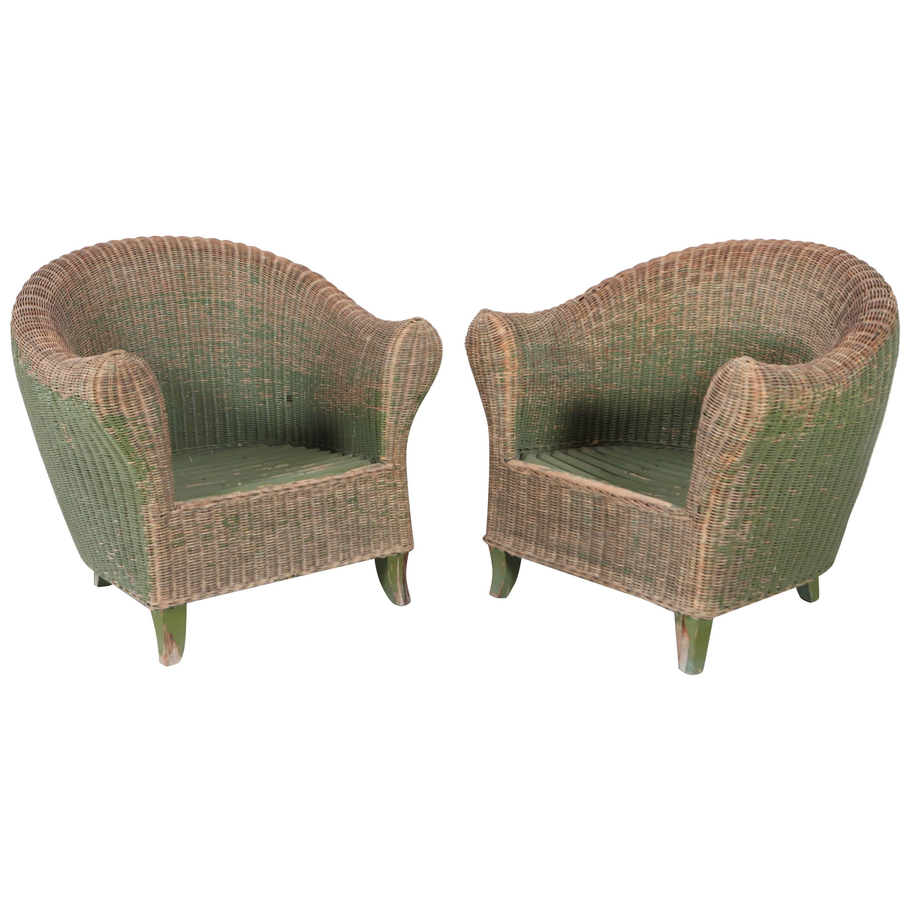 Pair of Italian Wicker Green Outdoor Garden Chairs