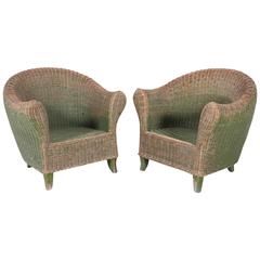 Vintage Pair of Italian Wicker Green Outdoor Garden Chairs