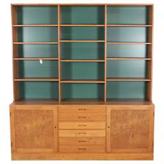 Oak and Green Cabinet and Bookshelf with Six Lateral Drawers