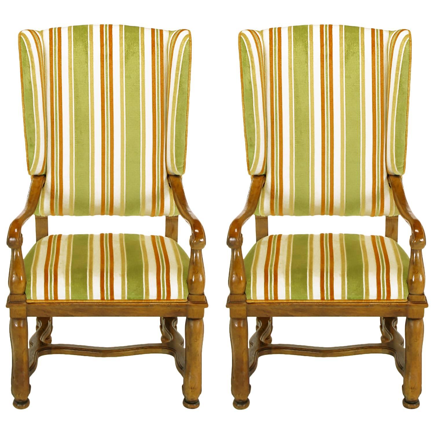 Pair of Heritage Walnut and Striped Velvet Louis XIV Wing Chairs For Sale