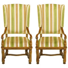 Pair of Heritage Walnut and Striped Velvet Louis XIV Wing Chairs