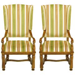 Pair of Heritage Walnut and Striped Velvet Louis XIV Wing Chairs