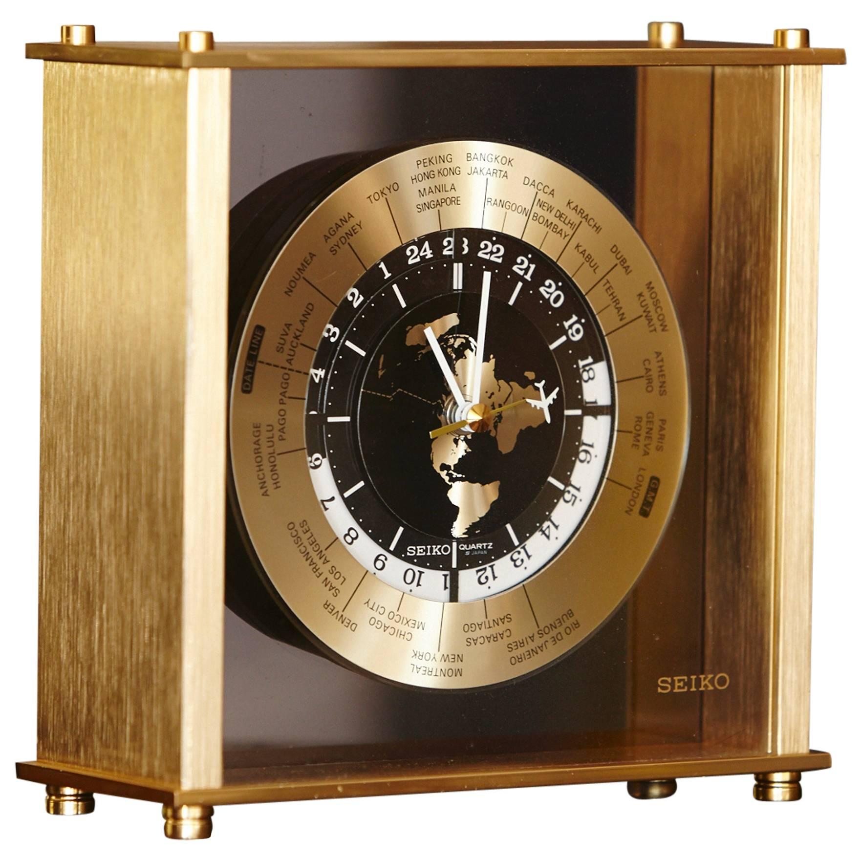 Automatic World Time Brass Desk Clock , 25 Time Zones