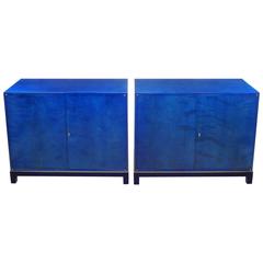 Stunning Pair of 1940s Baker Sideboard Cabinets in Transparent Lapis Blue