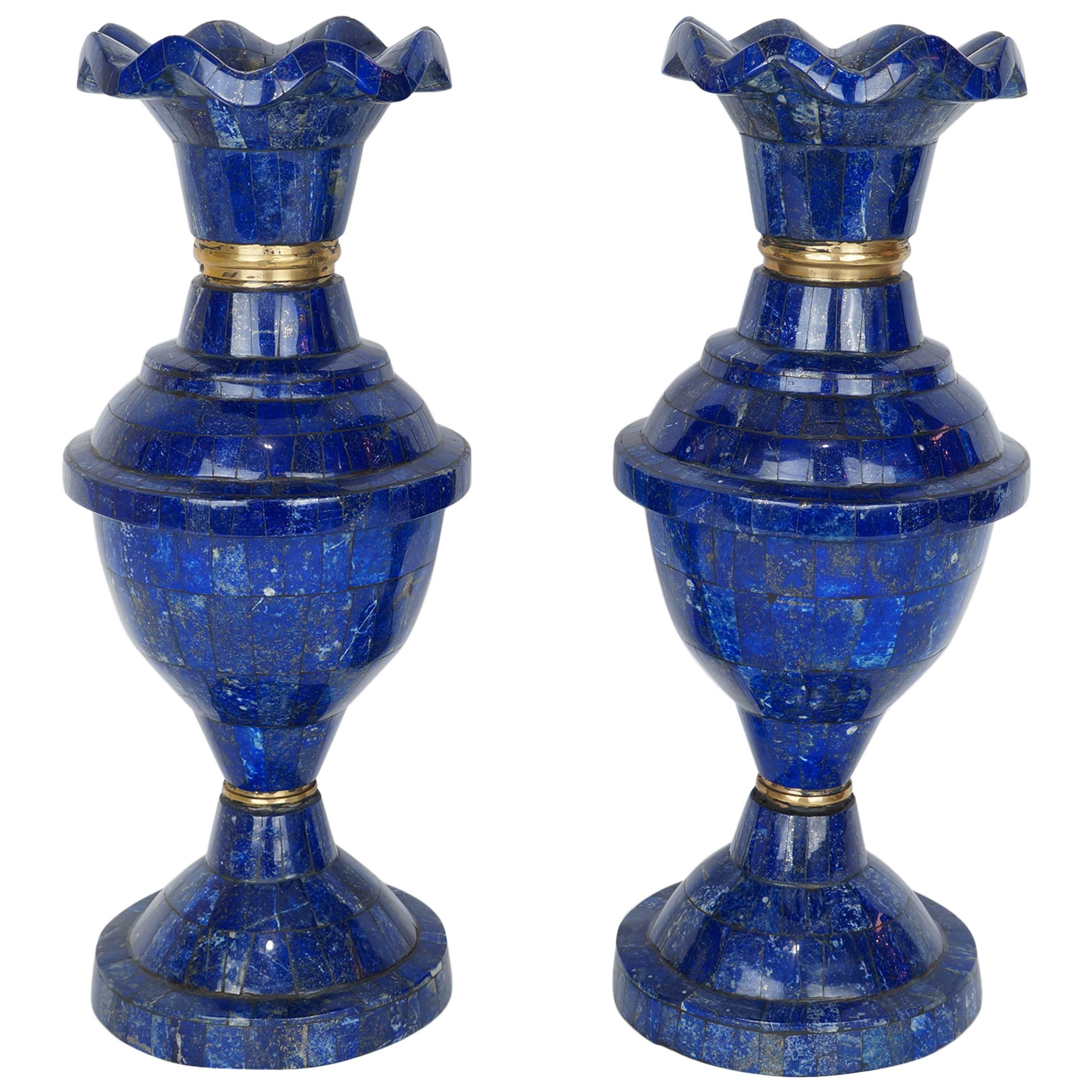 Pair of Blue Lapis Lazuli and Bronze Tall Vases with Flare Top