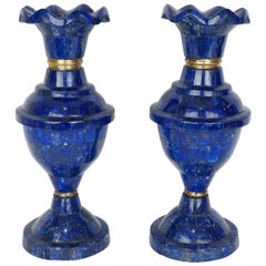 Pair of Blue Lapis Lazuli and Bronze Tall Vases with Flare Top