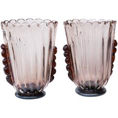 Pair of Vintage Murano Oval Vases in Plum by Barovier
