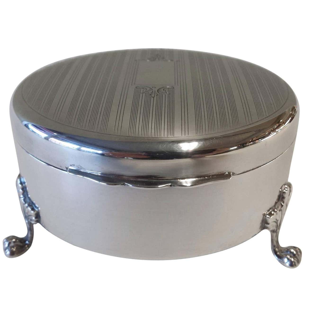 Sterling Silver Round Footed Jewelry Box, with Ring Holders and Chain ...
