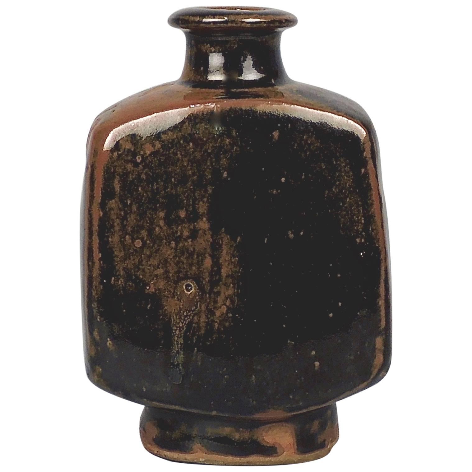 Tenmoku Stoneware Square Bottle Vase, St. Ives Pottery, by Bernard Leach