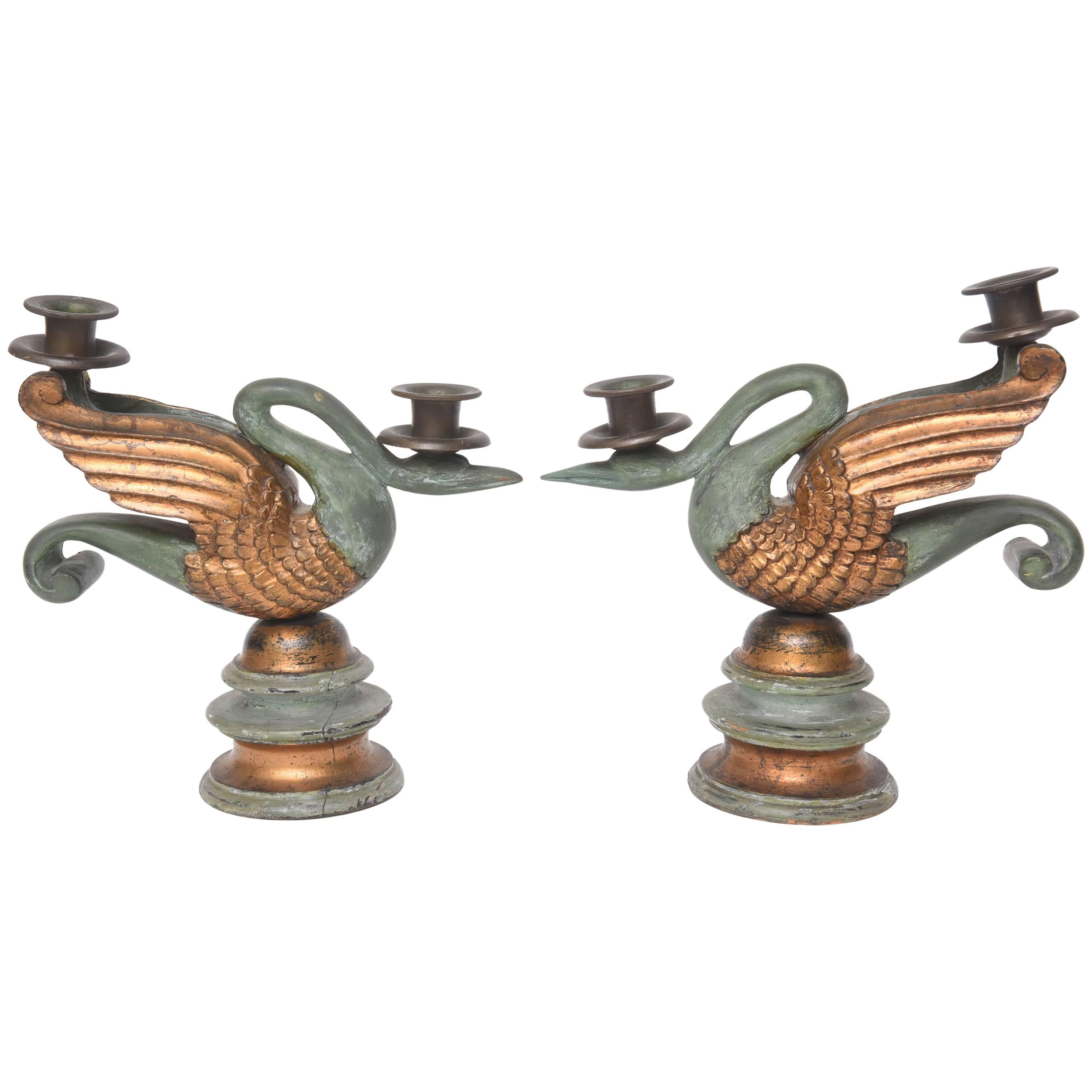 Pair of Antique Wood Carved Swan Candlesticks