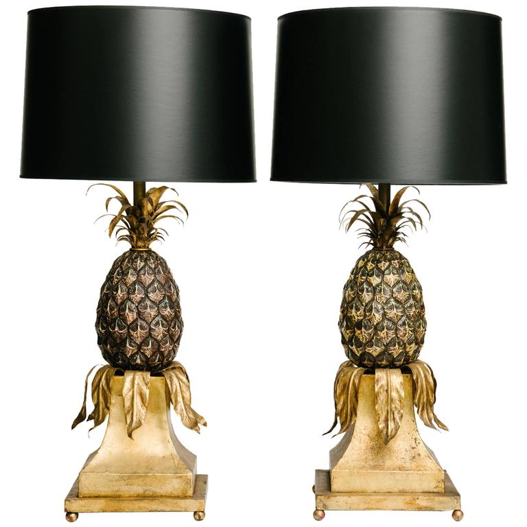 Pair of Gilt and Painted Tole Pineapple Lamps For Sale at 1stdibs